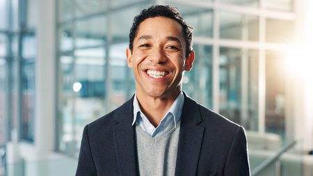 About us, portrait and smile of business man in lobby of office for career development or welcome. Agency, corporate and pride with happy accounting or financial employee at work in investment firmの写真素材