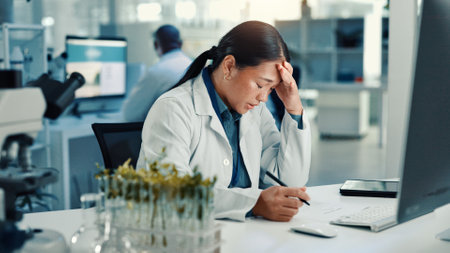 Computer, science and stress with woman in laboratory for medical development or research. Anxiety, headache and plant sample with biology scientist at desk for breakthrough crisis, fail or mistakeの写真素材
