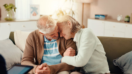 Happy, hug and senior couple with nurse in discussion for medical service, support and good news....