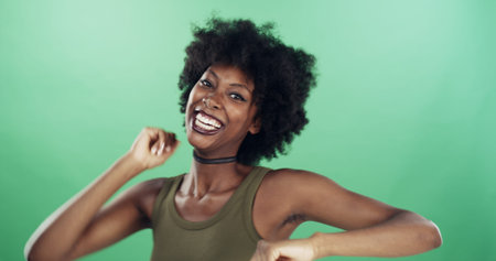 Black woman, dance and fashion for choker necklace, groove or afro portrait on green background....