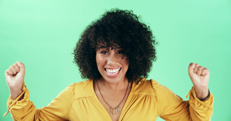 Dance, portrait and smile with black woman on green screen for celebration, excitement or party....