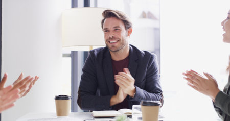 Business man, happy group and applause with manager for success, investment profit and win. Team, celebrate promotion and clapping in office for goal achievement, financial growth or excellent workの写真素材