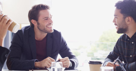 Project, happy or men in meeting with business advisor, teamwork and investment budget. People, laughing and confident accountants in boardroom for feedback, accounting review and risk managementの写真素材