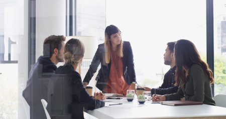 Group, manager and meeting with business people in conference room for financial planning. Listen,...