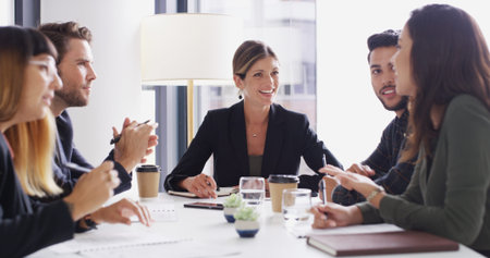 Discussion, group and colleagues in boardroom, smile and collaboration for investment and corporate....