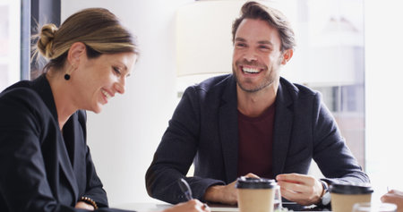 Project, laughing or businessman in meeting with advisor, teamwork an investment budget. People, funny joke and happy accountants in boardroom for feedback, accounting review and risk managementの写真素材