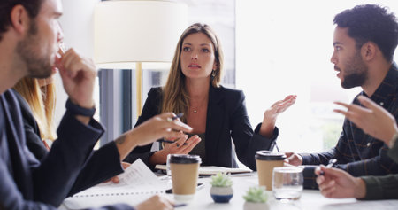 Legal, company or woman in meeting with teamwork, group and negotiation in boardroom. Documents,...