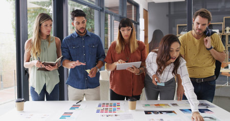 Business people, teamwork and tablet with planning, creative company and brainstorming. Group,...