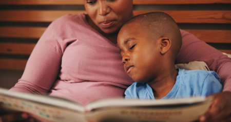 Home, reading book and mother with boy, sleepy and bonding together with hobby. African family, mama...