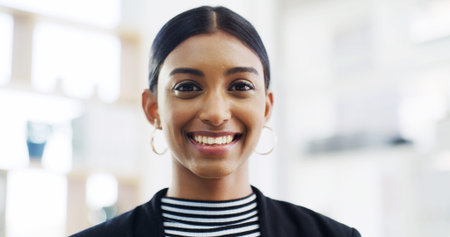 Happy, portrait and woman with pride, office or first day for legal assistant in law firm or intern....
