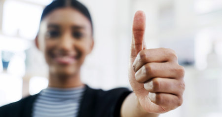 Thumbs up, office and hand of business woman for success, deal approval and thank you for support....
