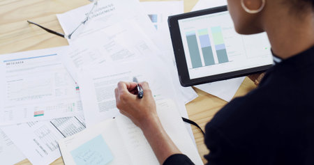 Hands, documents and audit on tablet for finance, report or graph for profit, data or debt in...