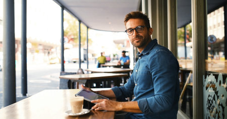 Portrait, remote work and tablet with man in coffee shop to research for small business startup. App, schedule and website with freelance employee at table of outdoor cafe or restaurant as customerの写真素材