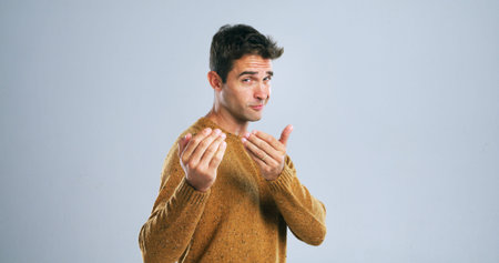 Fighting, funny and portrait of man in studio for conflict resolution, dispute or karate joke....