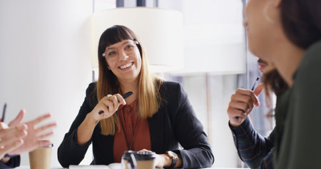 Business people, meeting and group in workplace, conversation or planning for news report....