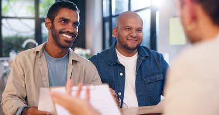 Smile, men and lawyer with document in office for planning, finance report and legal advice. People,...