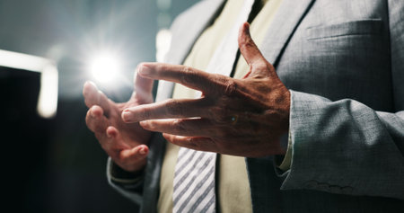 Businessman, hands or presentation with speech for meeting, discussion or talk at work seminar. Male...