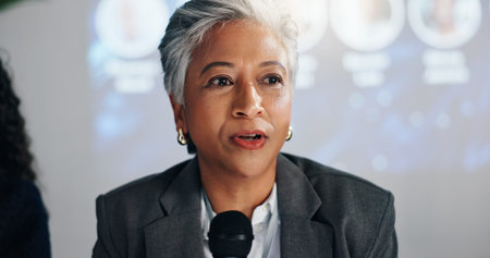 Conference, presentation and business woman with microphone for development, seminar or forum....