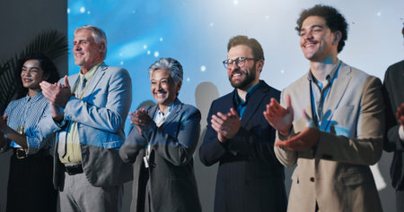 Conference, business people and group applause for celebration, success and thank you. Smile,...