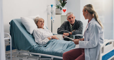 Healthcare, doctor and old couple in clinic, conversation and recovery for cancer treatment....