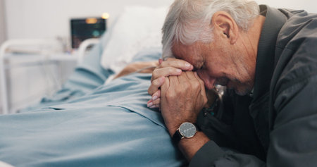 Sad, holding hands and healthcare with old couple in hospital for ICU recovery, loss and grief....