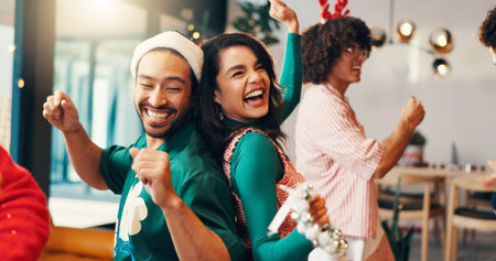 Christmas, dance and holiday with friends in home for celebration, festive season and laugh....