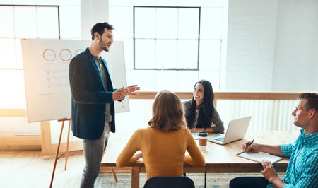 Business people, group and leader with presentation for discussion, meeting or brainstorming ideas....