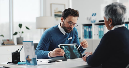 Doctor, patient and tablet screen for knee x ray with injury, osteoporosis or tendon issue at...