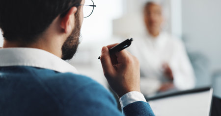 Hands, therapist and clipboard for discussion, consulting and notes for mental health at clinic. Person, psychologist and patient with documents, checklist and listen with assessment at hospitalの写真素材