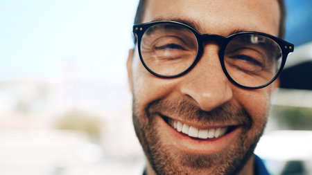 Smile, glasses and portrait of man in city for eye care, optometry and vision health. Prescription lenses, optical frames and ophthalmology with person face outdoor for spectacles, space and wellnessの写真素材