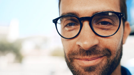 Portrait, business and man with glasses in city for vision, eyesight and prescription lens. Closeup, person face and eyewear with new frames for eye care, optical health and visual wellness in townの写真素材