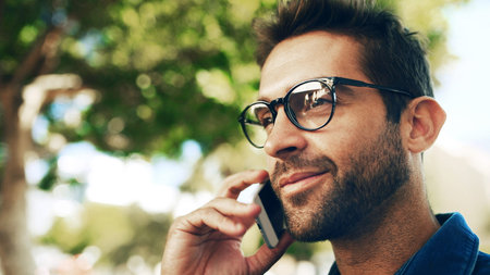 Phone call, park or man travel with communication, connection or chat. Happy, creative person with...