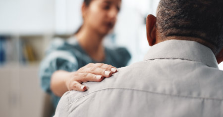 Anxiety, support and psychology with old man shoulder for counseling, mental health and empathy....