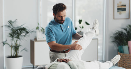 Physiotherapist, patient and stretching legs at clinic for injury, healing and care for wellness....