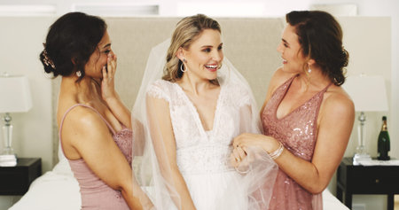 Bride, bridesmaid and women excited on wedding day with happiness, care and glamour in bedroom....