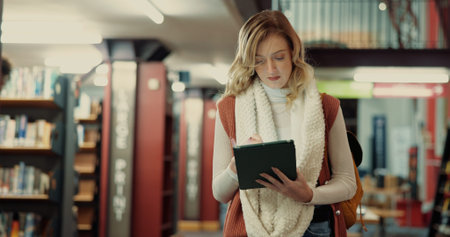 Student, online and woman with tablet, library and browsing on web for research, study or knowledge....