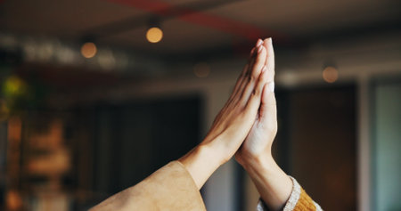 High five, office and hands of business people for success, celebration and teamwork at company....