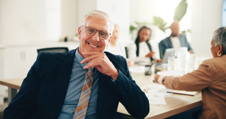 Portrait, mature and happy businessman with confidence for coworking at investment meeting. CEO, smile and leader with corporate financial executive, manager or professional boss with pride in officeの写真素材