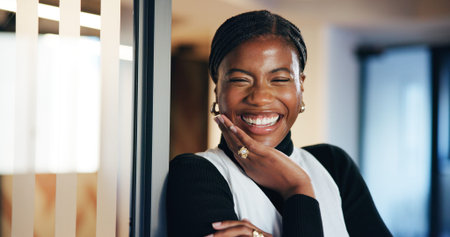 Break, portrait and smile of business black woman in office for development or job opportunity. Ambition, confident and happy with excited African employee in workplace for start of design careerの写真素材