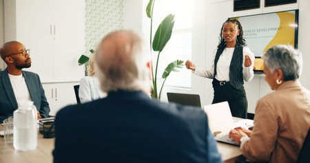 Business people, presentation and woman in meeting, feedback and planning with company development....