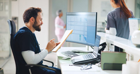 Documents, receptionist and nurse or man in hospital for doctor appointment, reading and schedule....