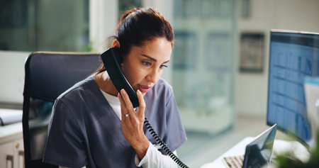 Woman, serious or doctor in hospital for phone call, medical discussion or update patient condition....