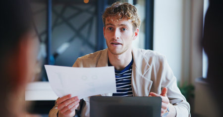 Documents, interview and laptop with business man in meeting for hiring or recruitment process....