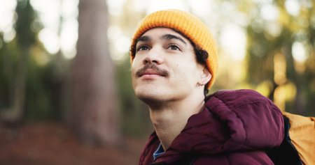 Thinking, hiking and man with journey, outdoor and space with fitness, hobby and weekend break. Holiday, person and hiker in woods, contemplation and travel with environment, nature and trekkingの写真素材