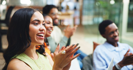 Applause, creativity and business people in office, woman and smile with celebration. Employees,...