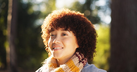 Thinking, woman and smile for hiking in forest, ideas and decision for travel destination. Female...