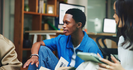 College, students and group with tech, research and online to prepare for exam, education and study....