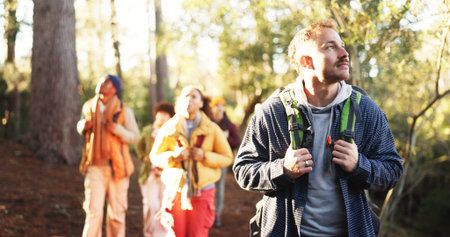 Hiking, nature and man with friends with adventure, journey or activity on outdoor vacation....