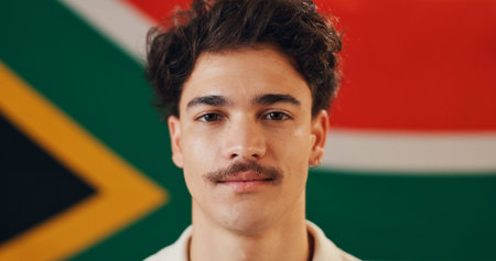 Man, portrait and flag of South Africa with confidence, pride or country representative. Local,...