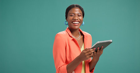 Portrait, black woman and tablet for fashion in studio for research, ecommerce and update website....